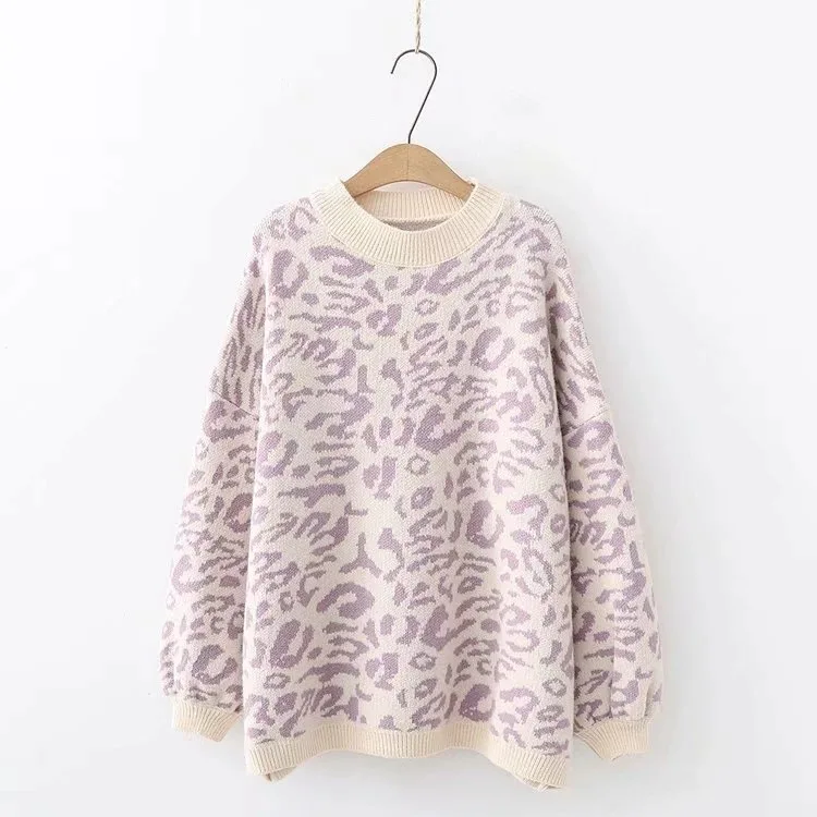 2024 New Women\'s sweater Autumn And Winter Knitted Loose Leopard Round Neck Pullover Long Lantern Sleeve Sweater