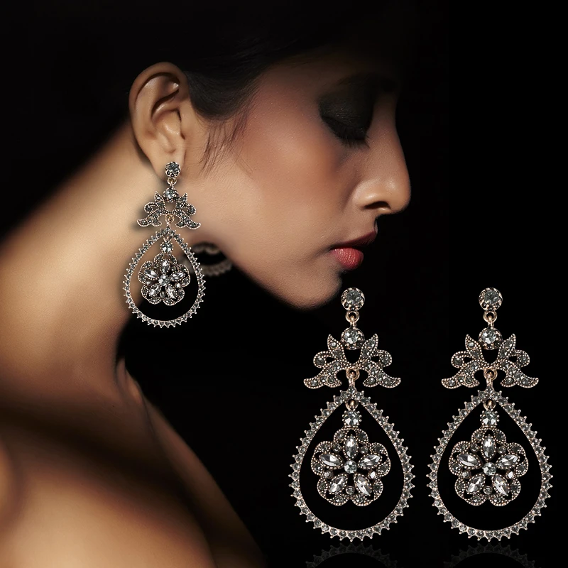 Kinel Luxury Gray Crystal Flower Bridal Earrings For Women Antique Gold Beach Party Water Drop Drop Earrings Vintage Jewelry