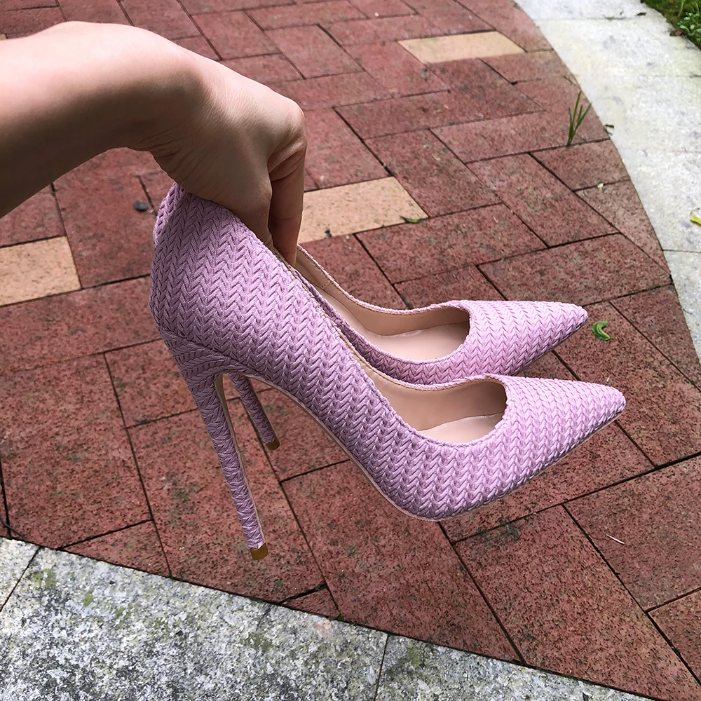 Tikicup Pink Women Woven Fabric Pointed Toe Stiletto Pumps Ladies Wedding Bridemaids Shoes 8cm 10cm 12cm High Heels Size 33-45