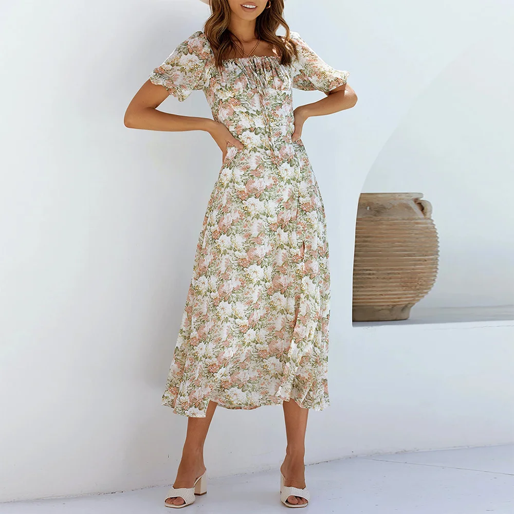 

Women Dresses Summer 2021 Square Neck Tie Bohemian Floral Chiffon Midi Dress Short Puff Sleeve Sexy Side Slit Boho Beach Dress