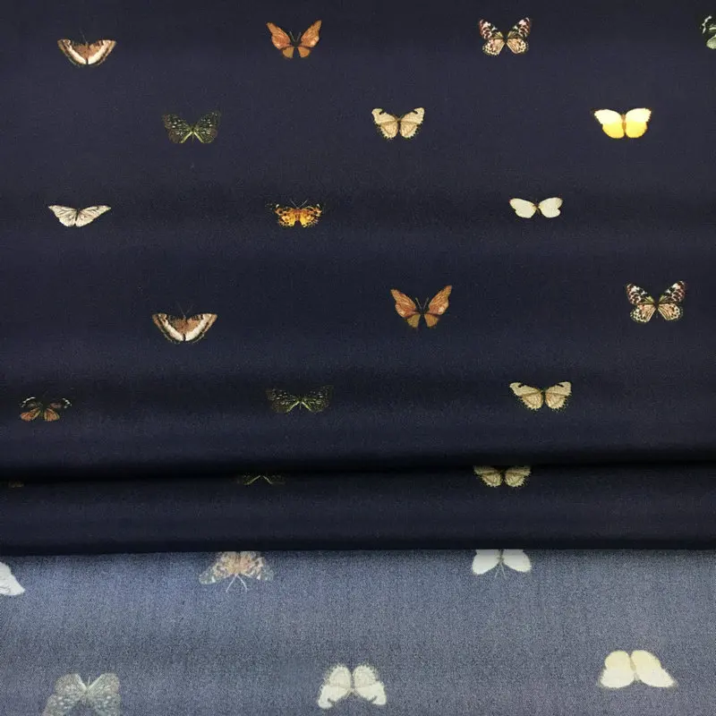 Colorful little butterfly printing navy blue elastic crepe de chine digital printing natural mulberry silk high fashion fabric