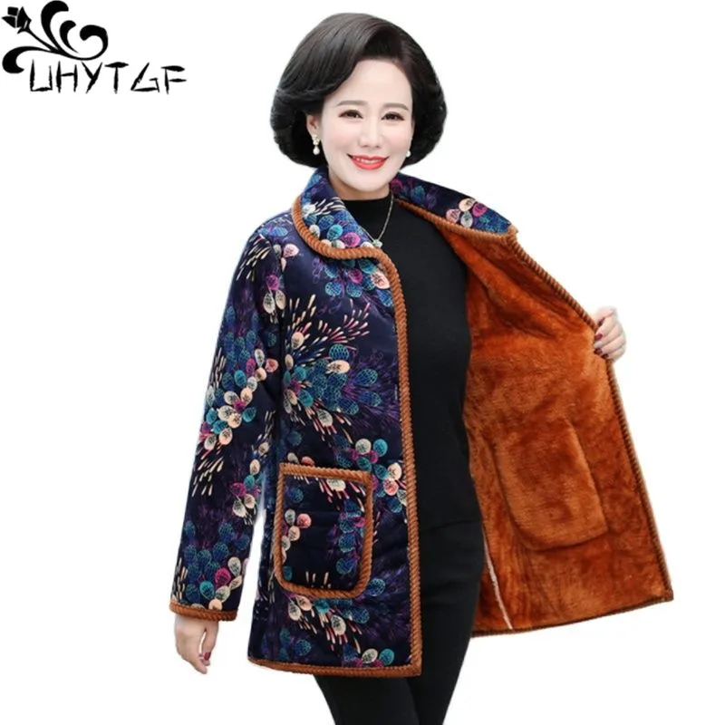 UHYTGF Fleece Warm Winter Jacket Women Parker Outerwear Womens Flowers Print Short Coat Single Breasted 5XL Large Size Coat 2295