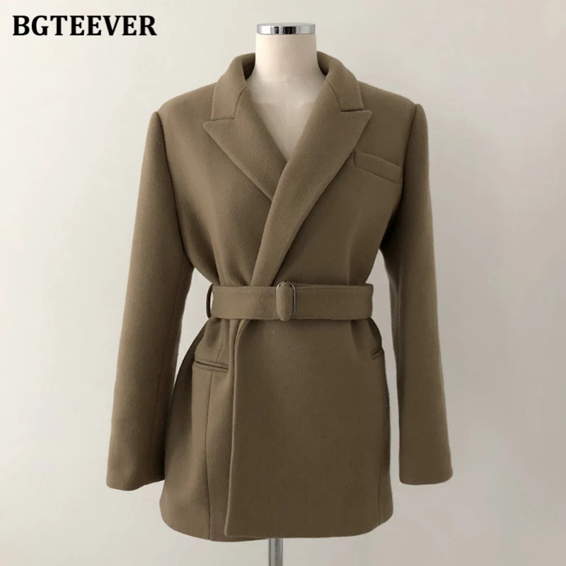 BGTEEVER Chic Elegant Woolen & Blends Blazer Women Autumn Winter Thick Warm Full Sleeve Belted Sashes Female Suit Jackets 2020