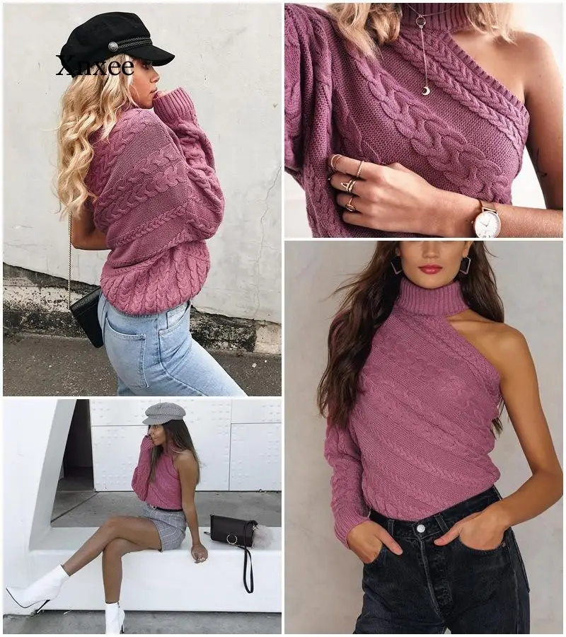 Women Off-Shoulder Single-Sleeved Irregular Knitting Sweater Autumn Winter Solid Turtleneck Twist Shirt Fashion Sexy Female Top