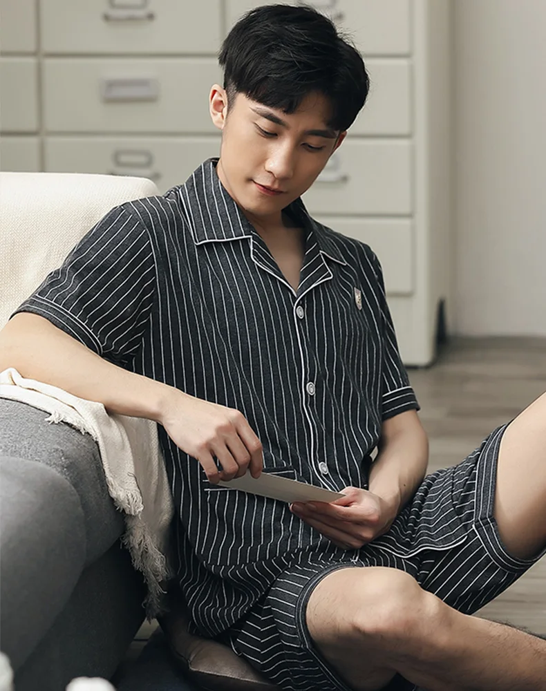 100% Cotton Pajama for Men Summer Short Pyjama Button-Down Striped Pijama Hombre 2PCS Set Pure Cotton Nightwear PJ Plus Size 4XL