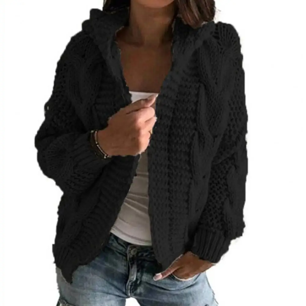 Loose Knitted Coat Long Sleeve V Neck Solid Color Twist Hooded Knitwear Cardigan for Office