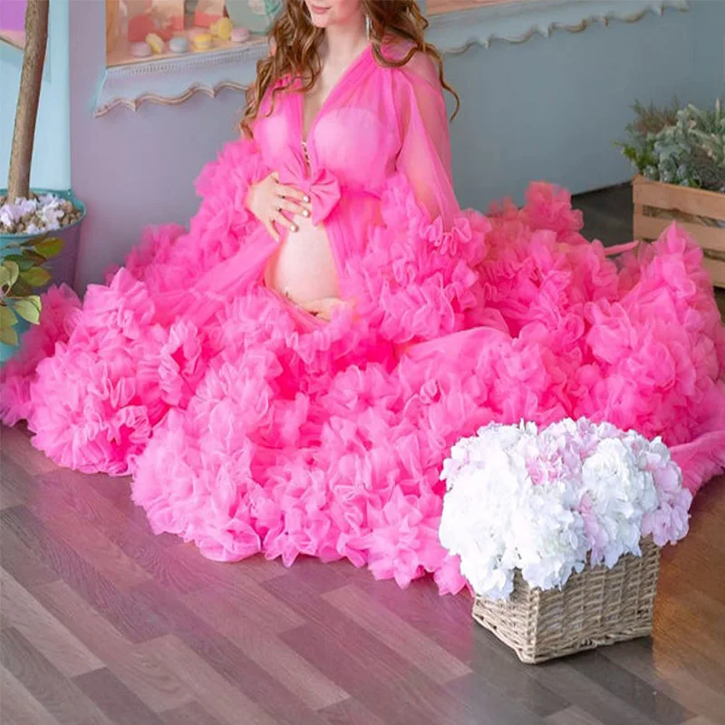 Hot Pink Long Tulle Maternity Robes Sexy Sheer Ruffled Pleated Dresses Women Photo Shoot Custom Made Plus Size Nightdress