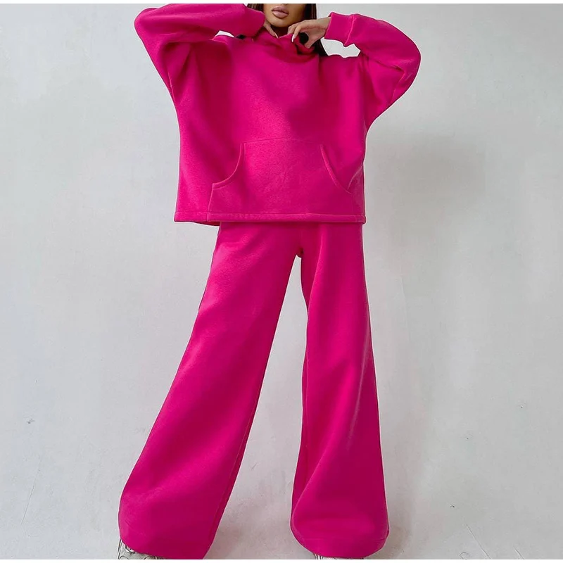 Women Elegant Solid Color Fleece Two Piece Sets Oversized Warm Hoodies and Long Pant Sports Suit Autumn Winter Tracksuit 2023