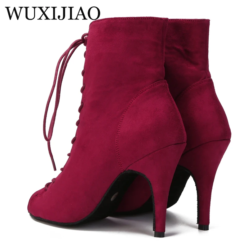 Wuxi jiao popular das mulheres quentes vermelho camurça latina dança salsa botas sapatos de treinamento palco desempenho festa sola macia