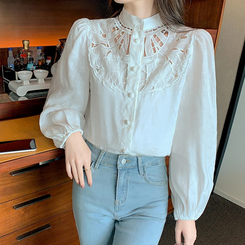 

Autumn Lace Blouse Stand Collar Shirts Hollow Out Crochet Elegant Blouse Women Lantern Sleeve Loose White Shirt Blusas 16991