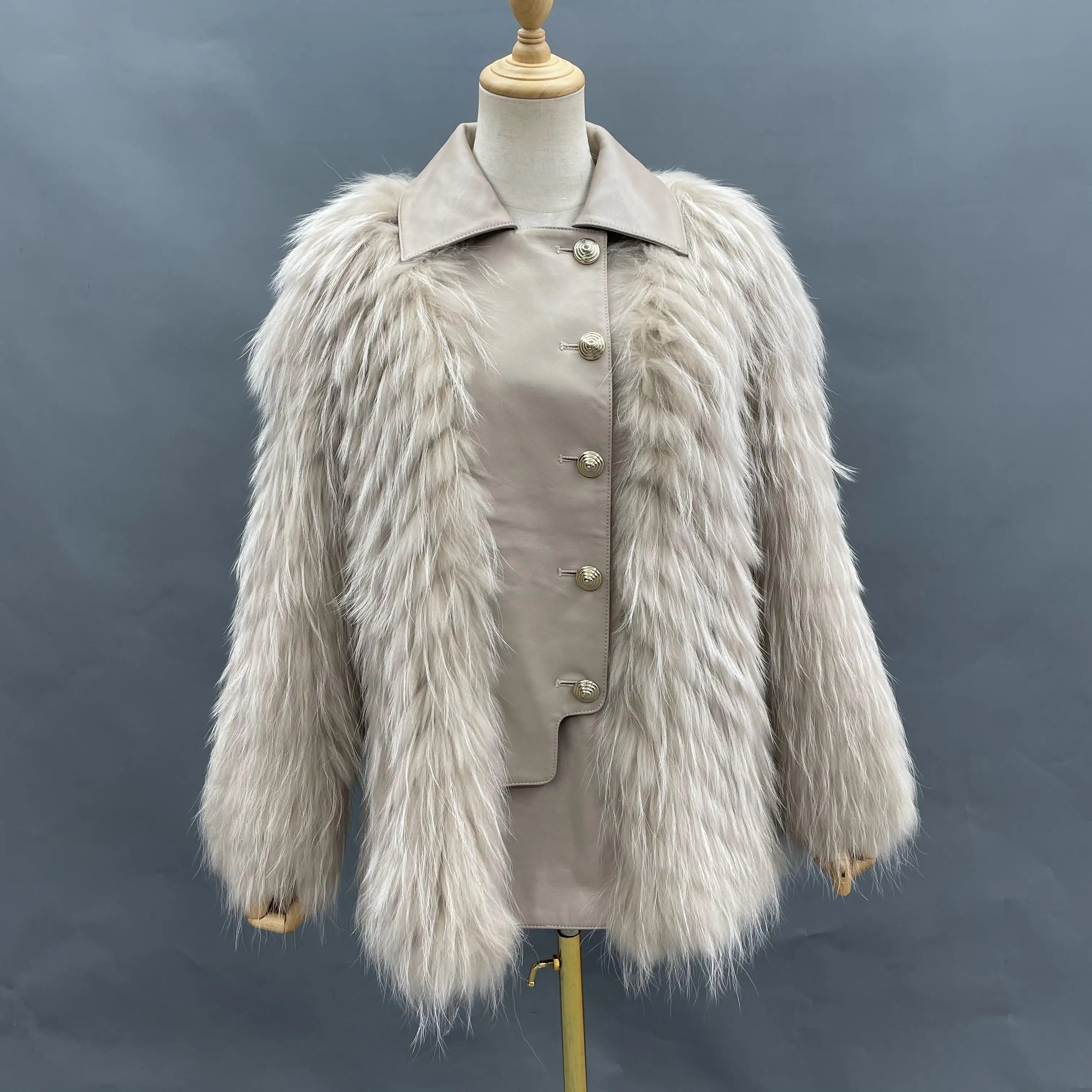 Women Solid Raccoon Fur Jacket High Quality Double Breasted Raccoon Fur Jacket Single Button Warm Cool Style Coat