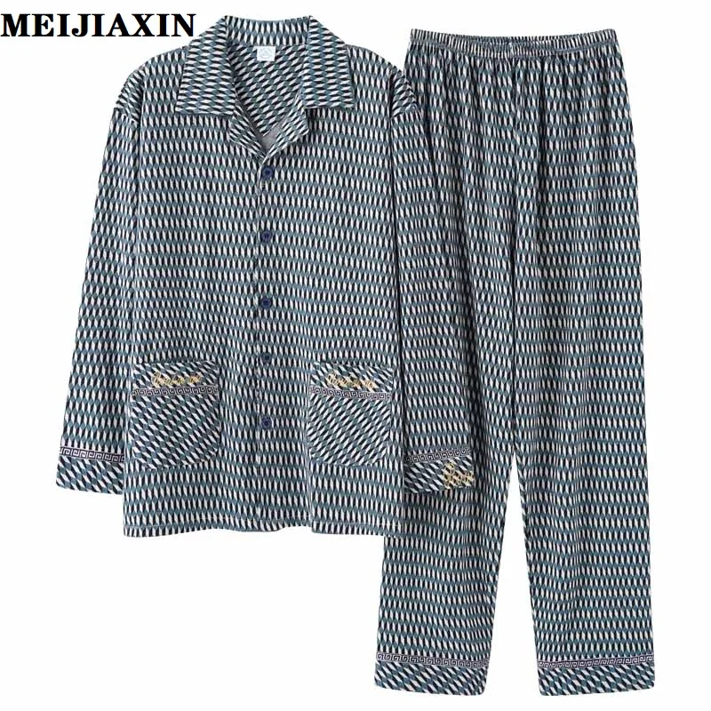 New Plus Size M-4XL Men Pajamas Spring 100% Cotton Men's Pijama Long Sleeve Turn-down Collar Male Sleepwear