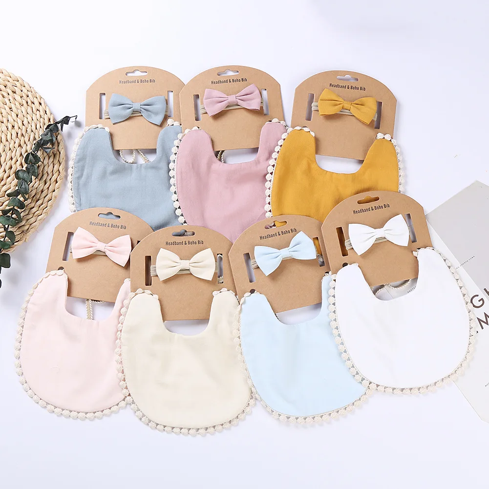 Children's Fashion Bibs and Bows Hairband Two Piece Set Solid Color Handmade Bowknot Elastic Headband Baby Feeding Saliva Towel