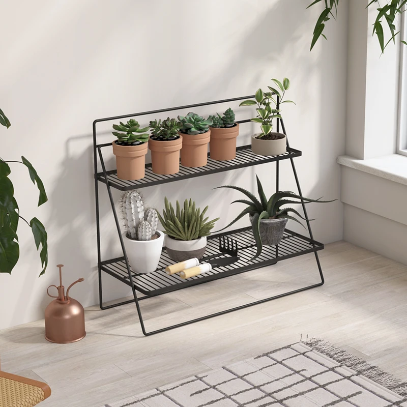 Balcony Multi-Layer Flower Pot Stand, Trapezoidal Small Potted Plant Wrought Iron Shelf, Outdoor Green Plant Metal Rack