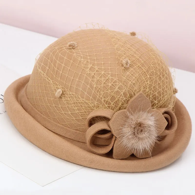 

H732 Autumn Winter Fedoras Hat Lady Elegant Fashion Wool Flower Gauze Curling Basin Cap Women Retro Church Fur Ball Warm Hats