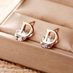 Classic Zircon D Letter Titanium Steel Earrings For Woman Simple Set Accessories For Korean Fashion Jewelry Party Girls