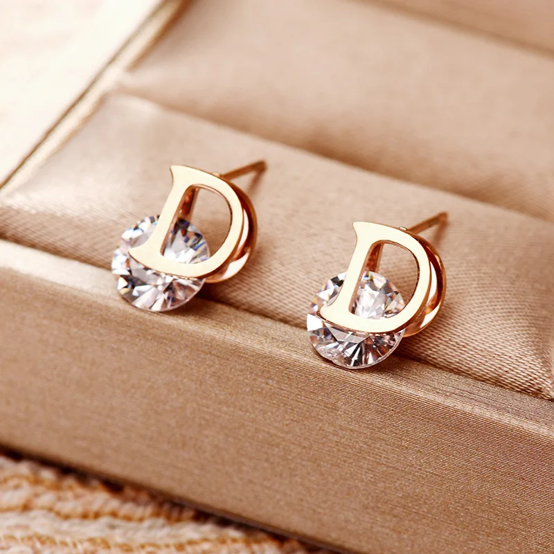 Classic Zircon D Letter Titanium Steel Earrings For Woman Simple Set Accessories For Korean Fashion Jewelry Party Girls