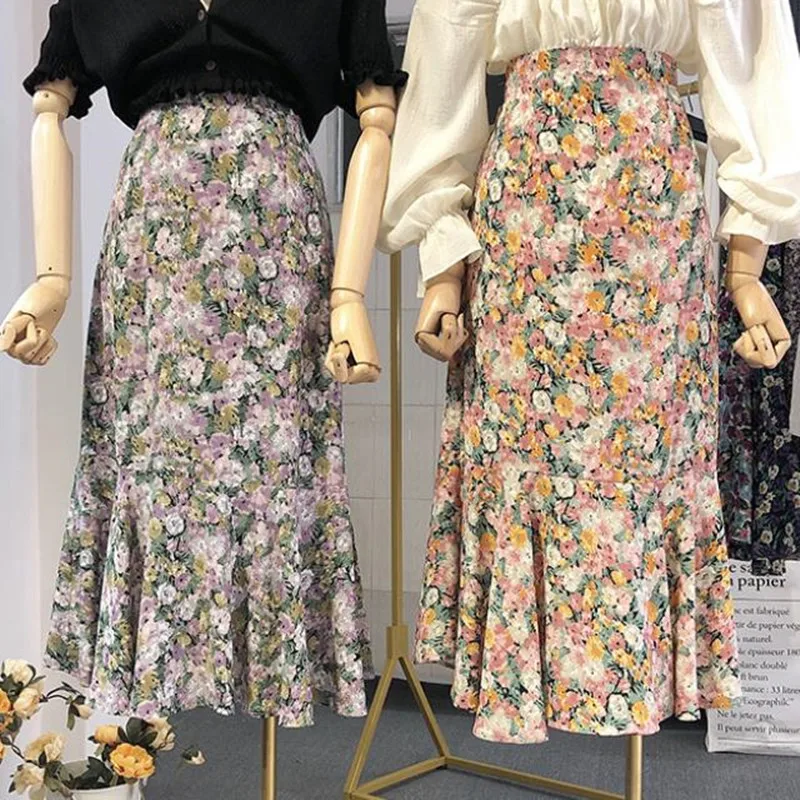 

2021 summer women's skirt new chiffon floral high waist long skirt