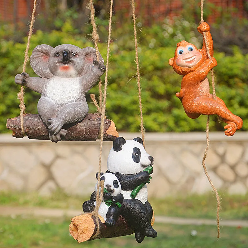 Garden Swinging Koala Rabbit Monkey Panda Resin Ornaments Outdoor Kindergarten Figurines Decoration Park Tree Furnishing Crafts