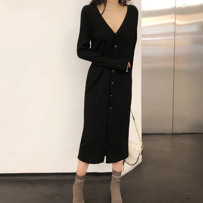 

Button Knit Long Sleeve Party Dresses Women 2021 Winter Cotton Slim Split Hem Elegant V-neck Bottom Long Dress Femme Vestidos