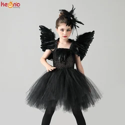 Black Swan Girls Tutu Dress with Feather Wing and Hair Clip Evil Queen Kids Halloween Carnival Party Costume Ballet Tutu Dress