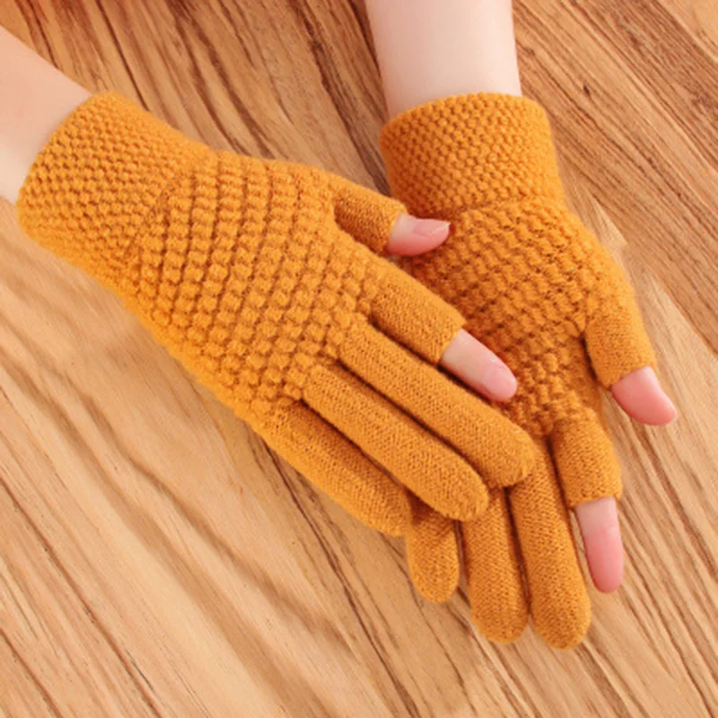 Unisex Cashmere Half-finger Cycling Mittens Women Winter Warm Thick Knit Wool Fingerless Writing Touch Screen Driving Gloves H68