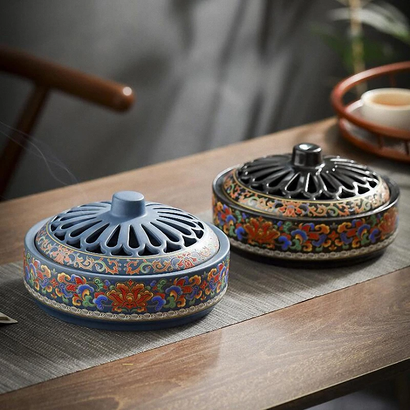 PINNY Large Enamel Ceramic Incense Burner Cloisonne Mosquito Coil Censer Room Decoration Meditation Home Decoration Accessories