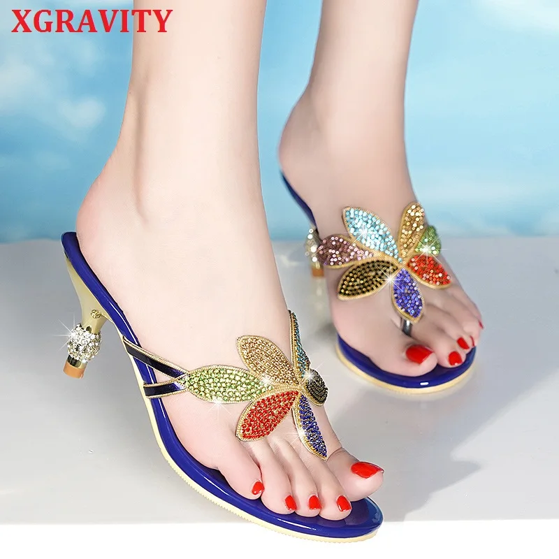 XGRAVITY Summer Sandals Lady Thin Heel Pumps Sexy Crystal Rhinestone Design Women Shoes Elegant Ladies Flip Flop Slippers B102