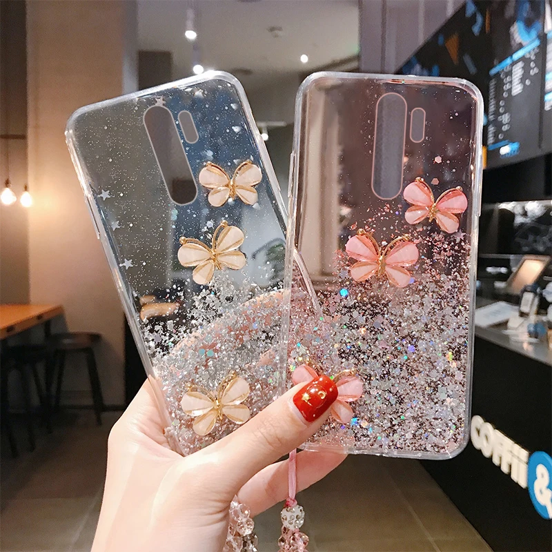 Ultra-thin Cute Bling Glitter Lanyard Silicone Phone Case For Xiaomi Redmi Note 13 12 11 10 9 S 8 Mi 14 T Pro Luxury Rope Cover