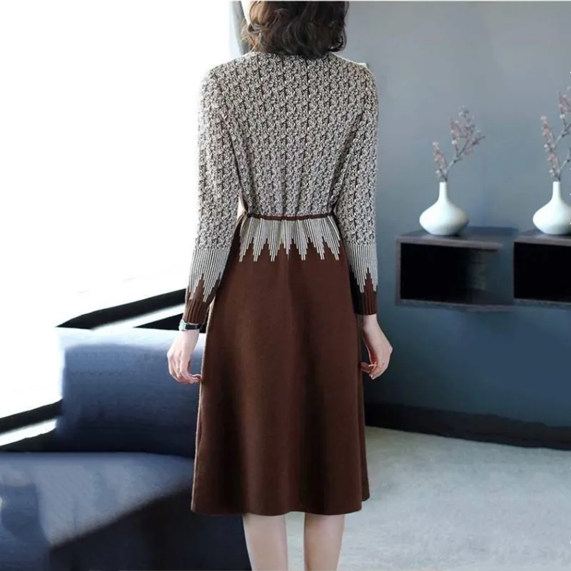 Ogo-Robe pull à col roulé pour femme, pull surdimensionné, patchwork, robe mince, français, rétro, éducatif, élégant, vêtements de bureau, automne, 2024