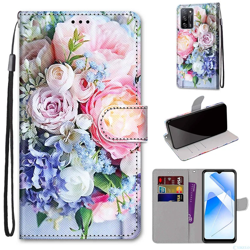 Leather Flip Phone Case For OPPO A53 A53S A54 A74 5G A15 A15s A52 A92 Wallet Card Holder Stand Book Cover Cat Flower