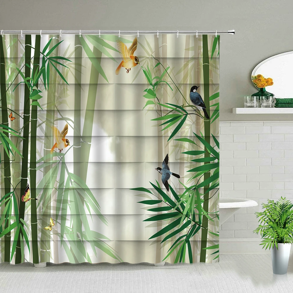 Chinese Style Ink painting Bamboo Landscape Shower Curtain Flower Bird Scenery Bathroom Waterproof Cloth Bath Curtains With Hook