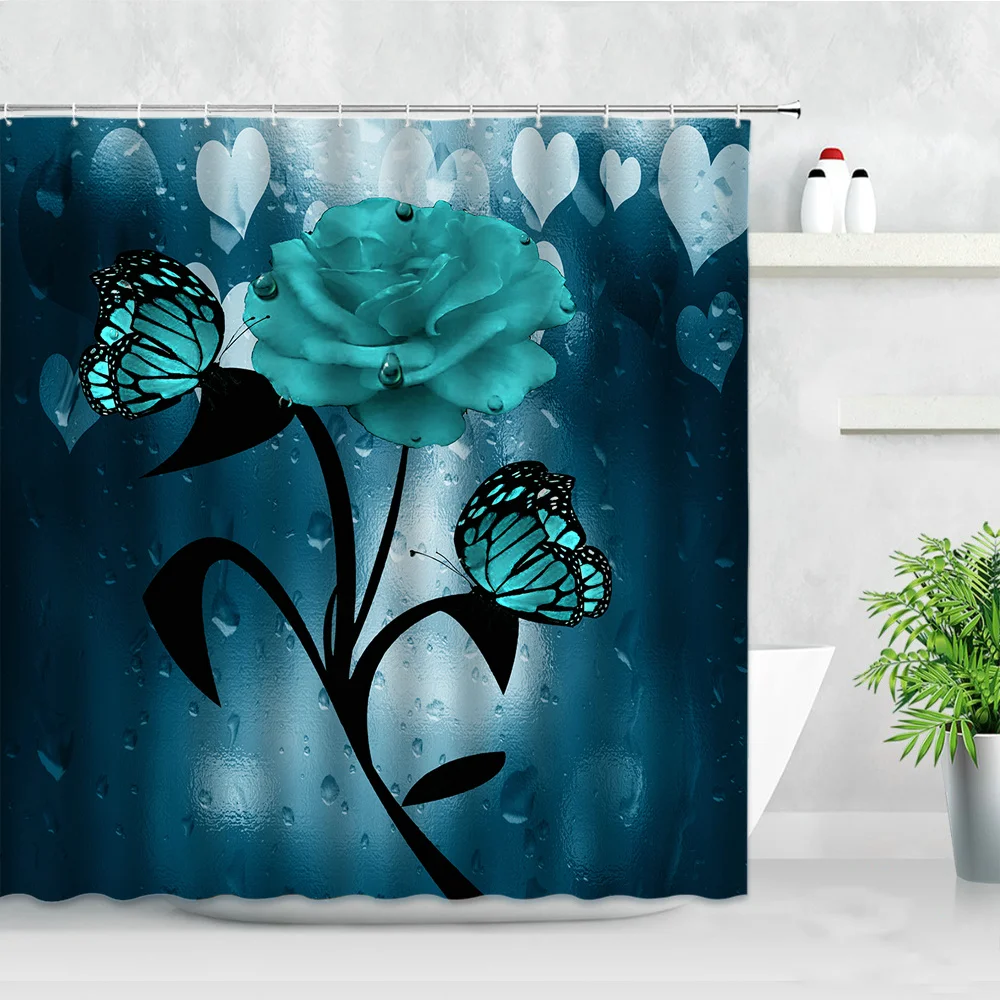 3D Blue Rose Shower Curtain Set  Flowers Black Leaf Water Drop Background Modern Fashion Home Decor Waterproof Bathroom Curtains