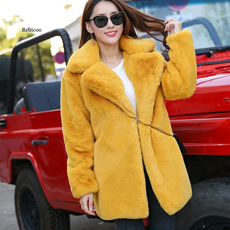 Winter Women High Quality Faux Rabbit Fur Coat Luxury Fur Coat Loose Lapel OverCoat Thick Warm  Female Plush Coats