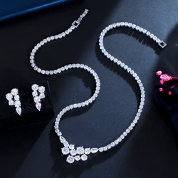 CWWZircons Trendy Round Cubic Zirconia Wedding Party Women Costume Jewelry Sets White Gold Color Bridal Necklace Earrings T585