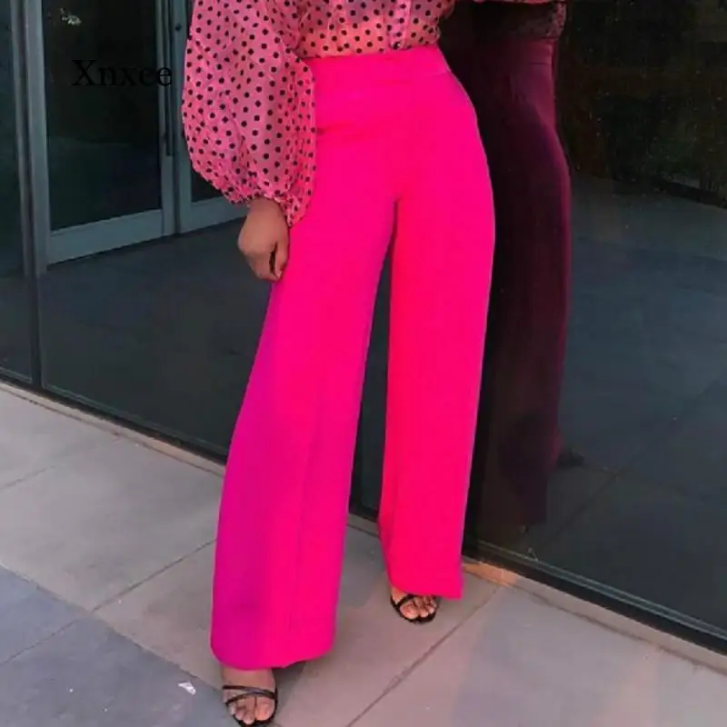

Женские брюки с широкими штанинами, розово-красные офисные брюки с высокой талией, на молнии, элегантные стильные женские осенние универсальные брюки