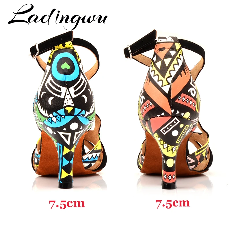 Ladingwu Hot Women Dance Shoes Latin Ballroom Dance Shoes Ladys girls Salsa Dance Shoes Suede And Featured printed leather Heel