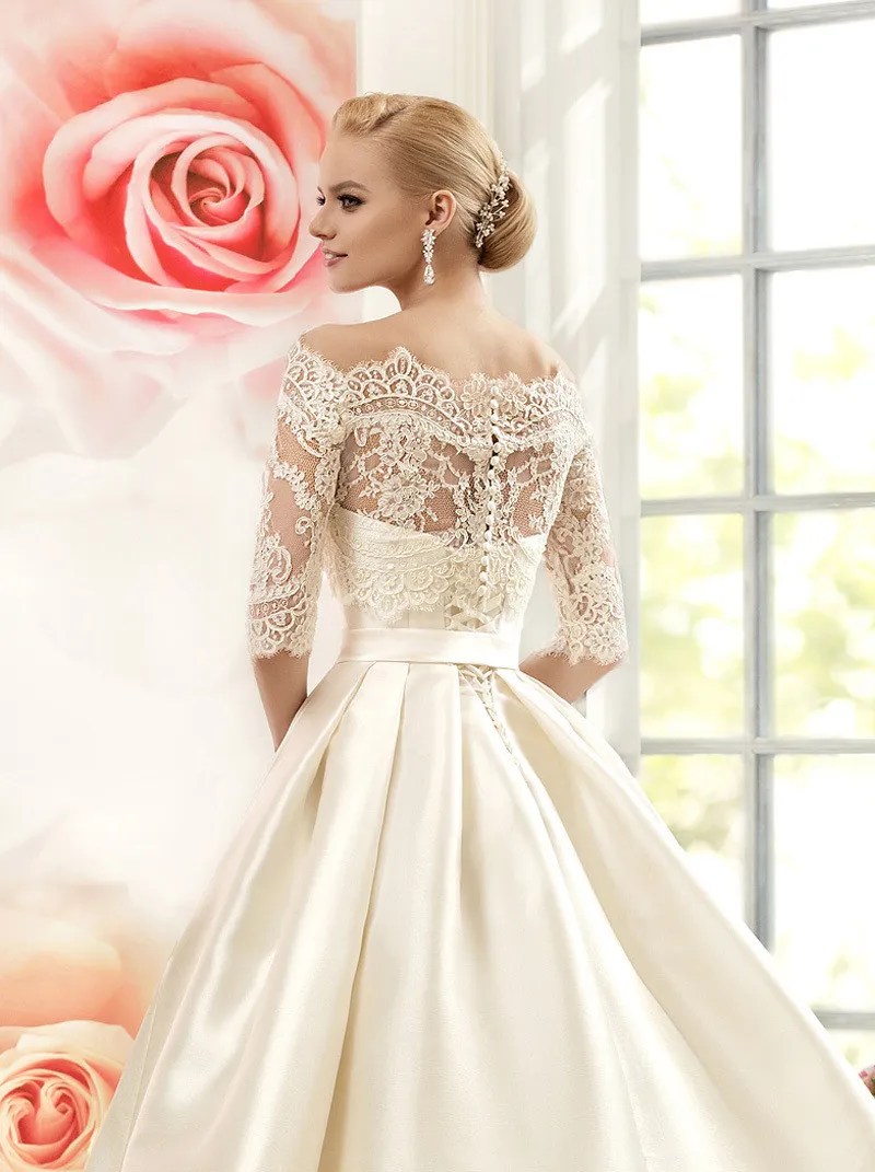 فساتين زفاف فخمة الوان Two Piece 2021 new Ball Gown Boat Neck Half Sleeve Bridal Lace Jacket Bespoke Wedding Dress