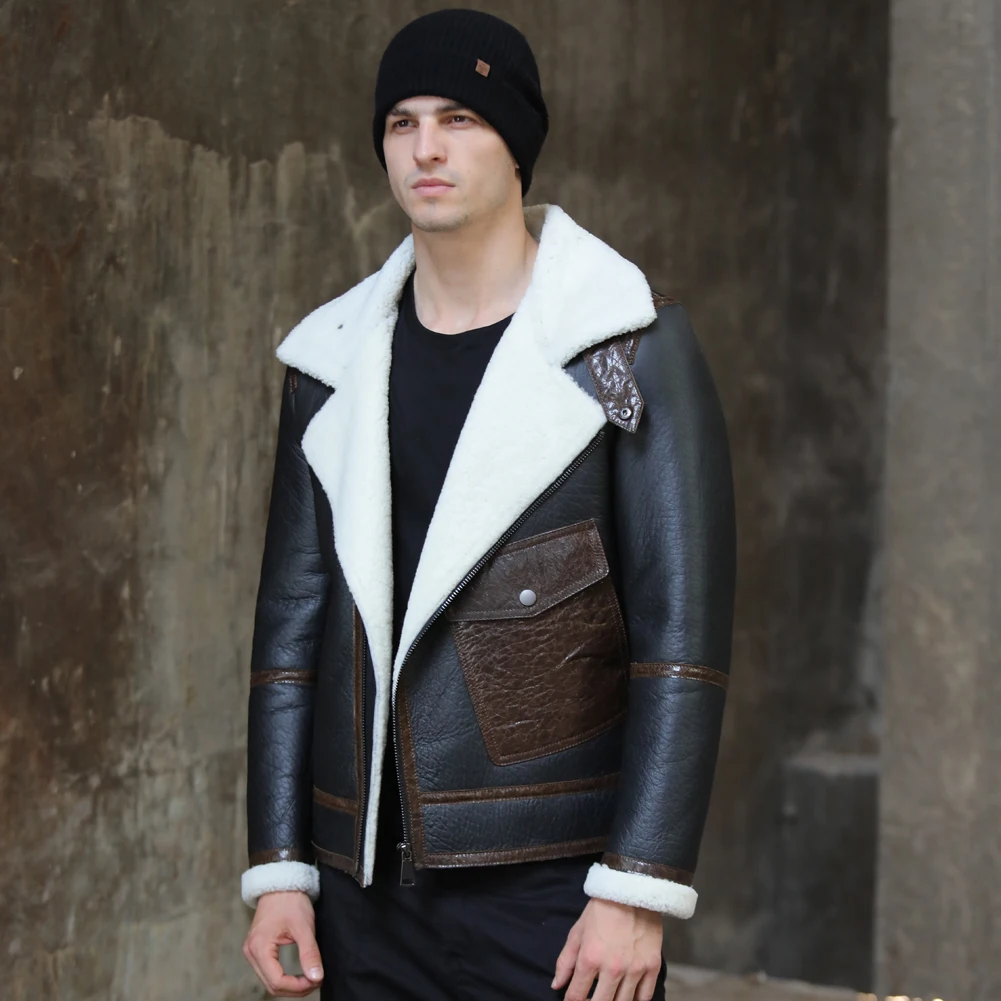 

Mens Black B3 Shearling Jacket Sheepskin Coat 2019 New Short Leather Jacket Thick Fur Coat Mens Winter Coats