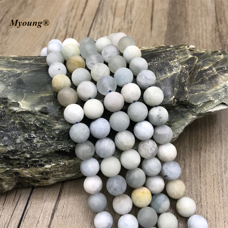 

Natural Matte Round Genuine Aquamarines Stone Beads For DIY Necklace Bracelet Making,5Strands/Lot