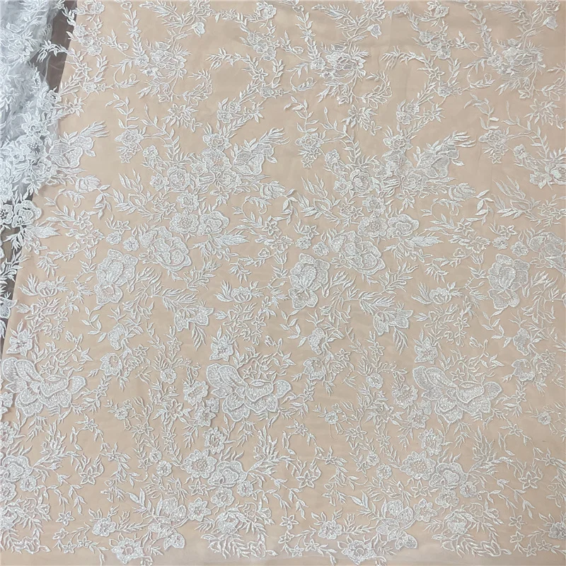 3 Yards $only Good Quality Pure White Floral Sequins Embroidery Lace Fabric Garment Dress French Lace DIY Sewing Material