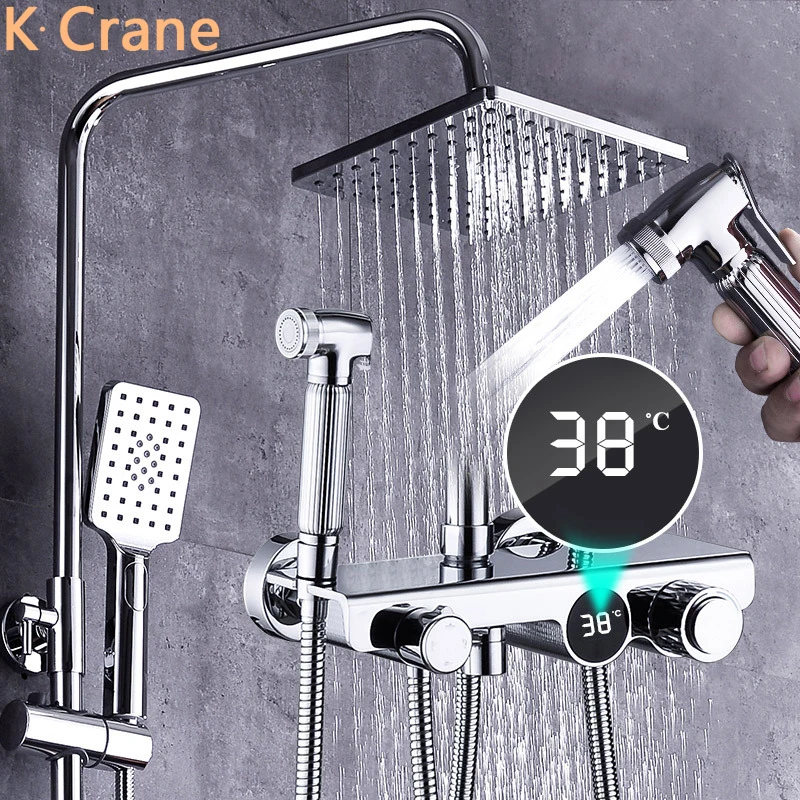 

LED Digital Shower System Wall Mounted Thermostatic Shower Set Bathroom Hot Cold Mixer Bath Faucet Square Head Rainfall Faucets