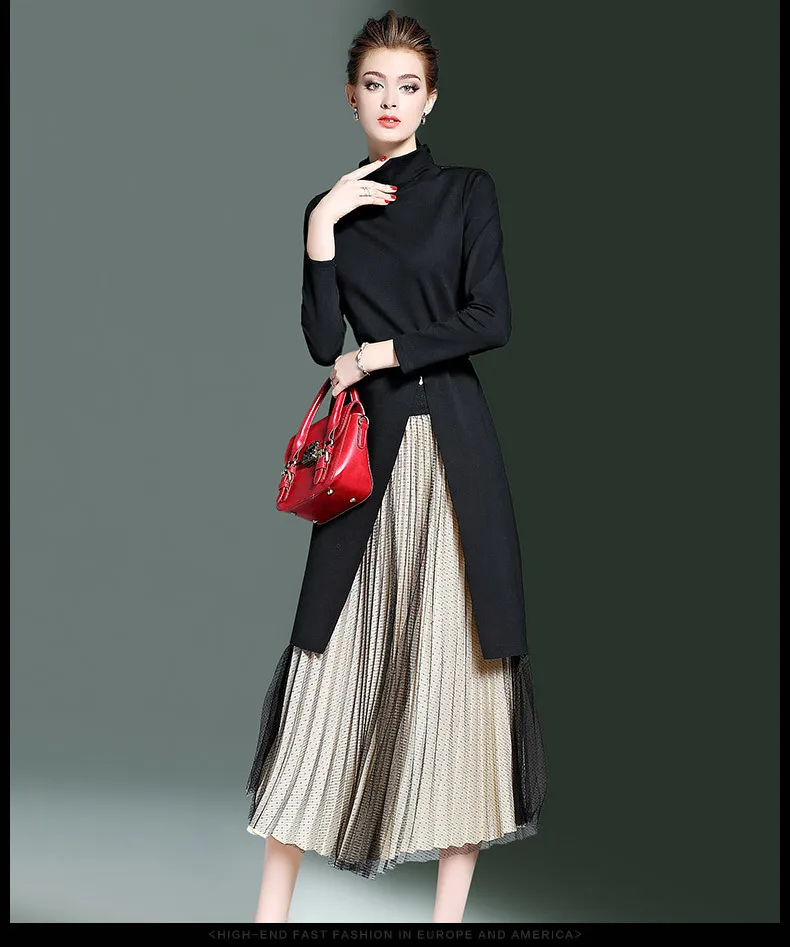 

Autumn Women Skirts Suits Black Kintted Sweater Long Skirt Yarn Pleated Skirt 4 Piece Set saia faldas mujer C4038