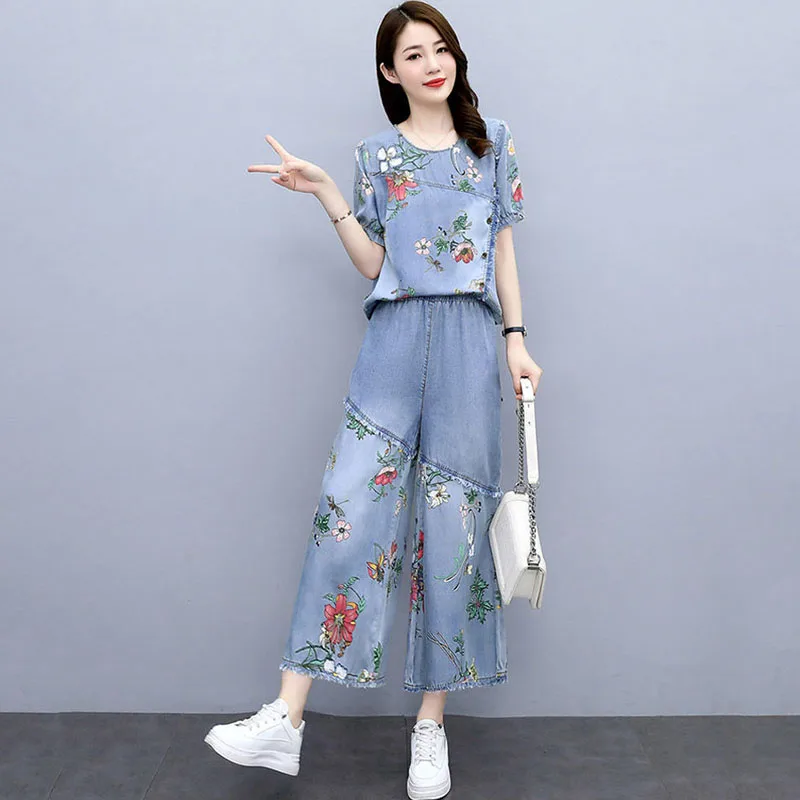 Denim Wide-Leg Pants Women\'s Suit New Casual Short Sleeve Printed Summer Dress Blast The Street Fashion Ethnic Style Two-Piece