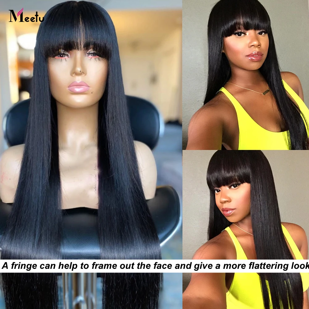 Meetu 28 30 Inch Long Thick Bone Straight Human Hair Wig With Bangs 150 Density Glueless Machine Made Human Hair Wigs For Women