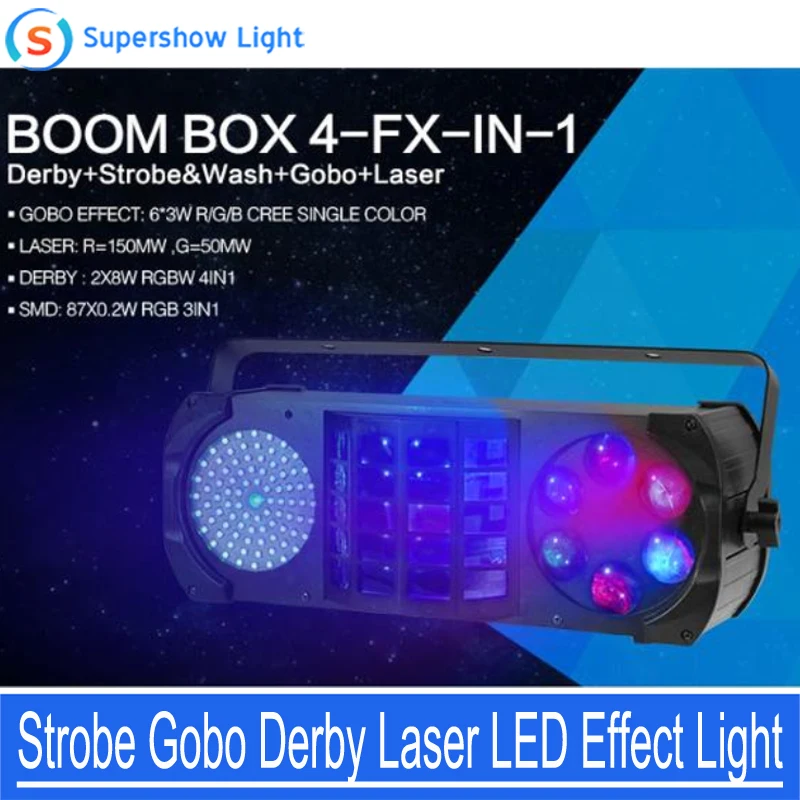 

Hot Sale Stage Light RGBW 4in1 SMD Derby Gobo Strobe 4 Effect in 1 Light DJ Light Laser Light