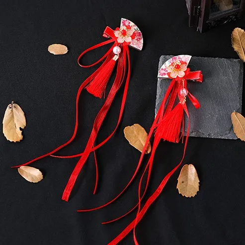 1pair Chinese Hanfu Hair Accessories Red Pink Flower Hairpins Vintage Dress Headwear Long Tassels Hair Clip Noiva Jewelry