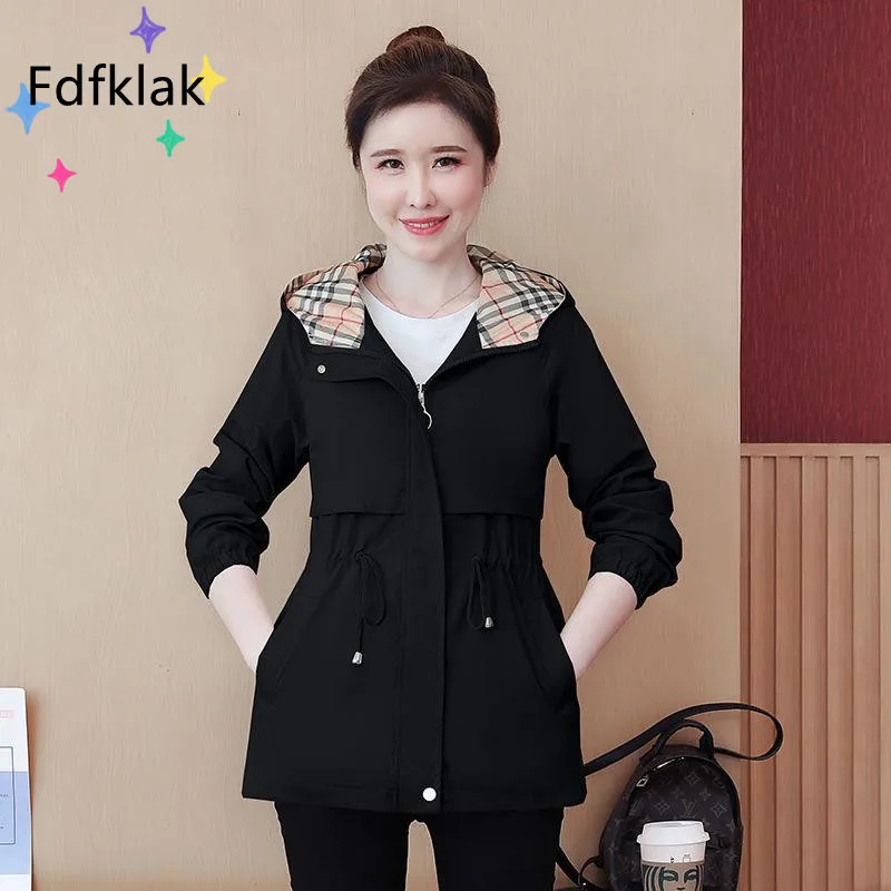 Fdfklak 3XL Plus Size Windbreaker Women Mid-Length New Spring Autumn Korean Waist Hooded Trench Coat Loose Zipper Jacket