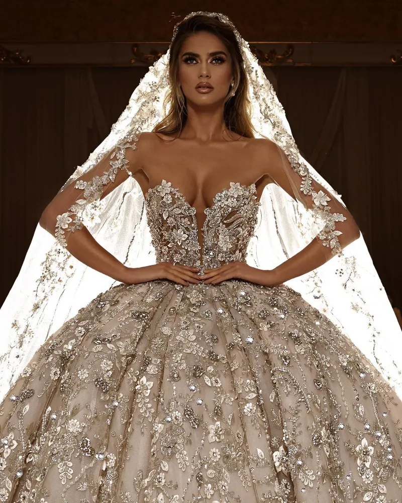 Robe de mariée princesse royale avec voile, appliques florales 3D, chérie, patients gonflés, tout ce qui est 2023 perlé, robe éducative de l'anesthésie, mariée