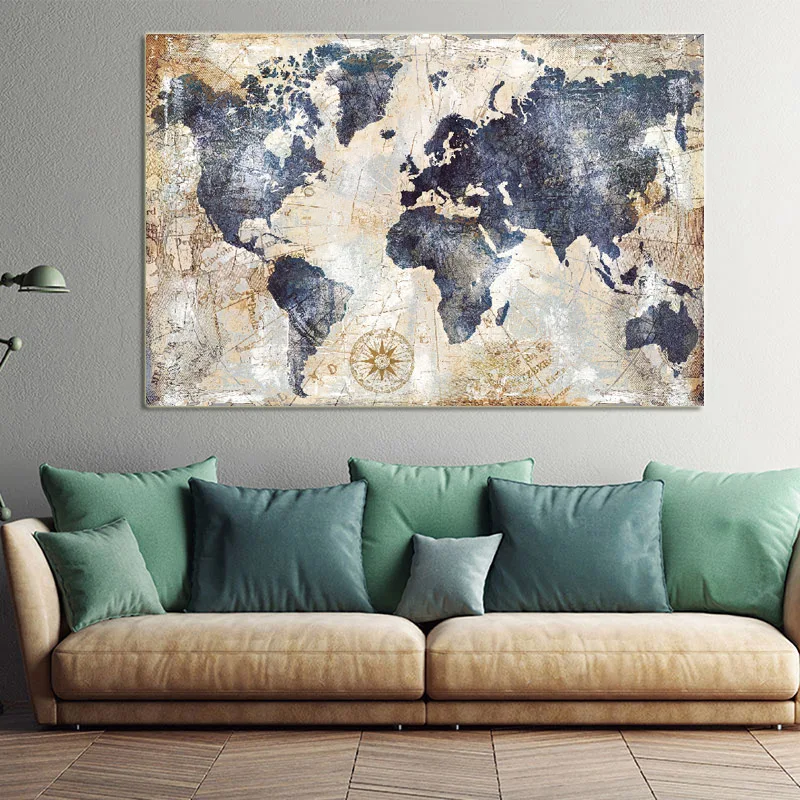 SELFLESSLY ART-Vintage World Map Canvas Painting, Wall Pictures, Living Room Posters and Prints, Modern Art, Home Wall Decor